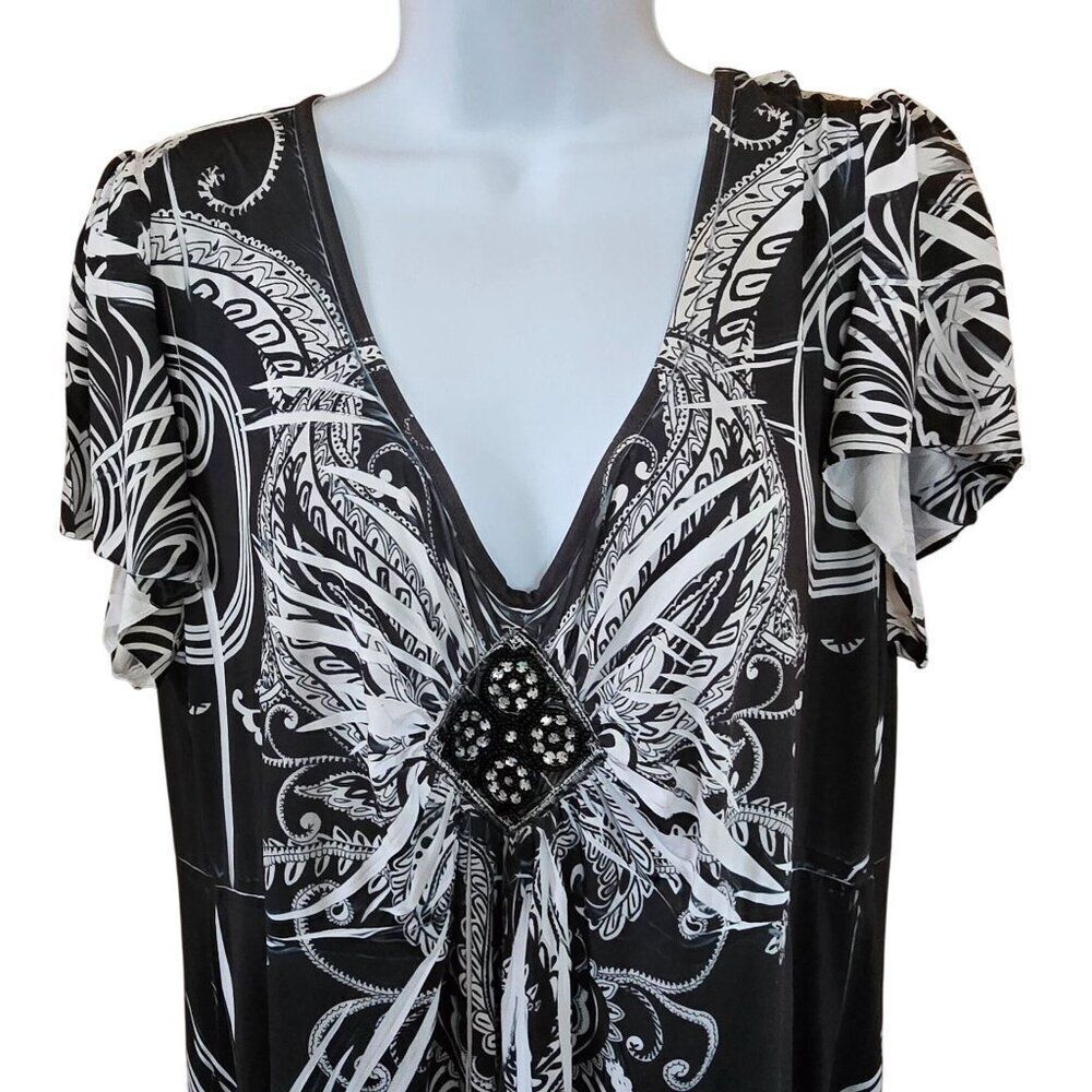 Black & White Swirl Dress Intricate Butterfly Pattern & Rhinestone Accent boho